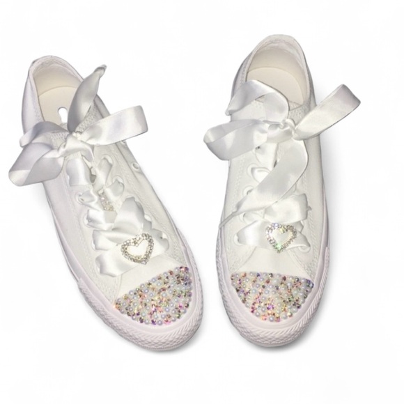 AB Diamonds Pearls & Charms Low Top Monochrome Converse Size 5-14 With Ribb… - Picture 4 of 15